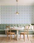 Frost Mosaic Midnight geometric tile wallpaper as a feature wall in a sunlit breakfast nook