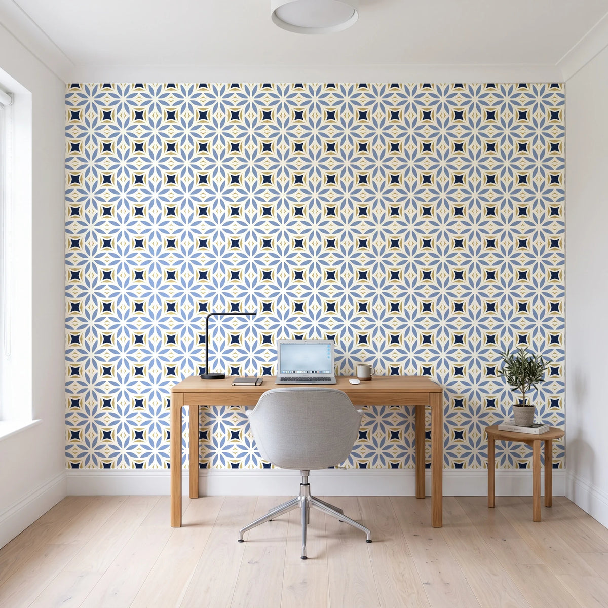 Frost Mosaic Midnight geometric tile wallpaper behind a modern oak desk in a bright home office