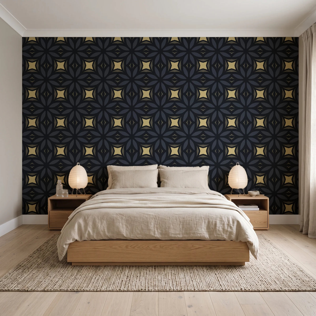 Frost Mosaic Noir geometric tile wallpaper behind a low platform bed in a serene Japandi bedroom