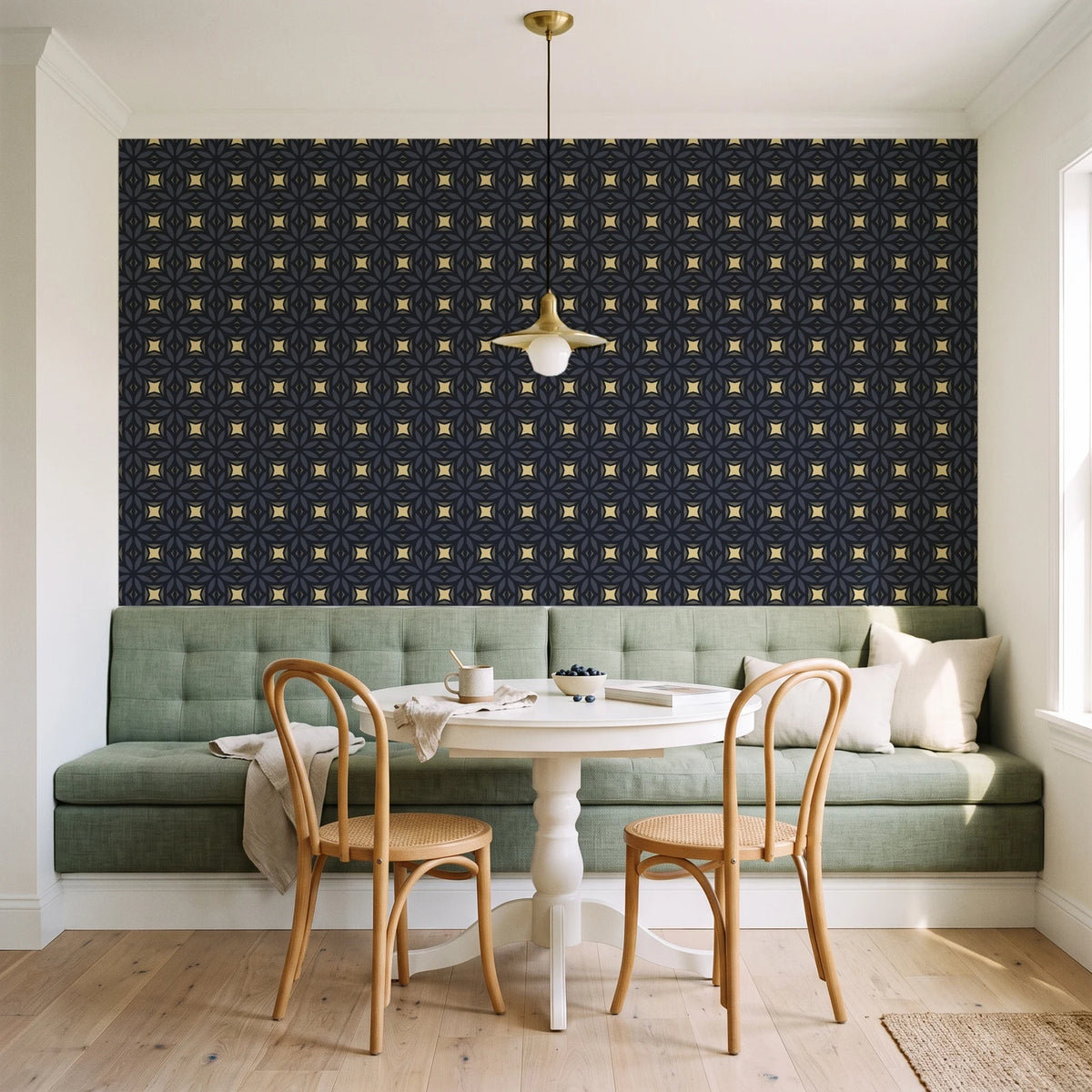 Frost Mosaic Noir geometric tile wallpaper as a feature wall in a sunlit breakfast nook