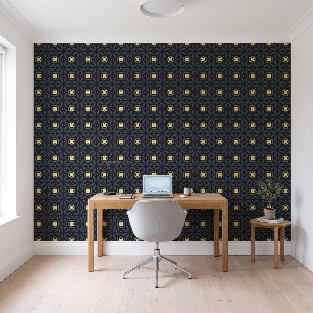 Frost Mosaic Noir geometric tile wallpaper behind a modern oak desk in a bright home office