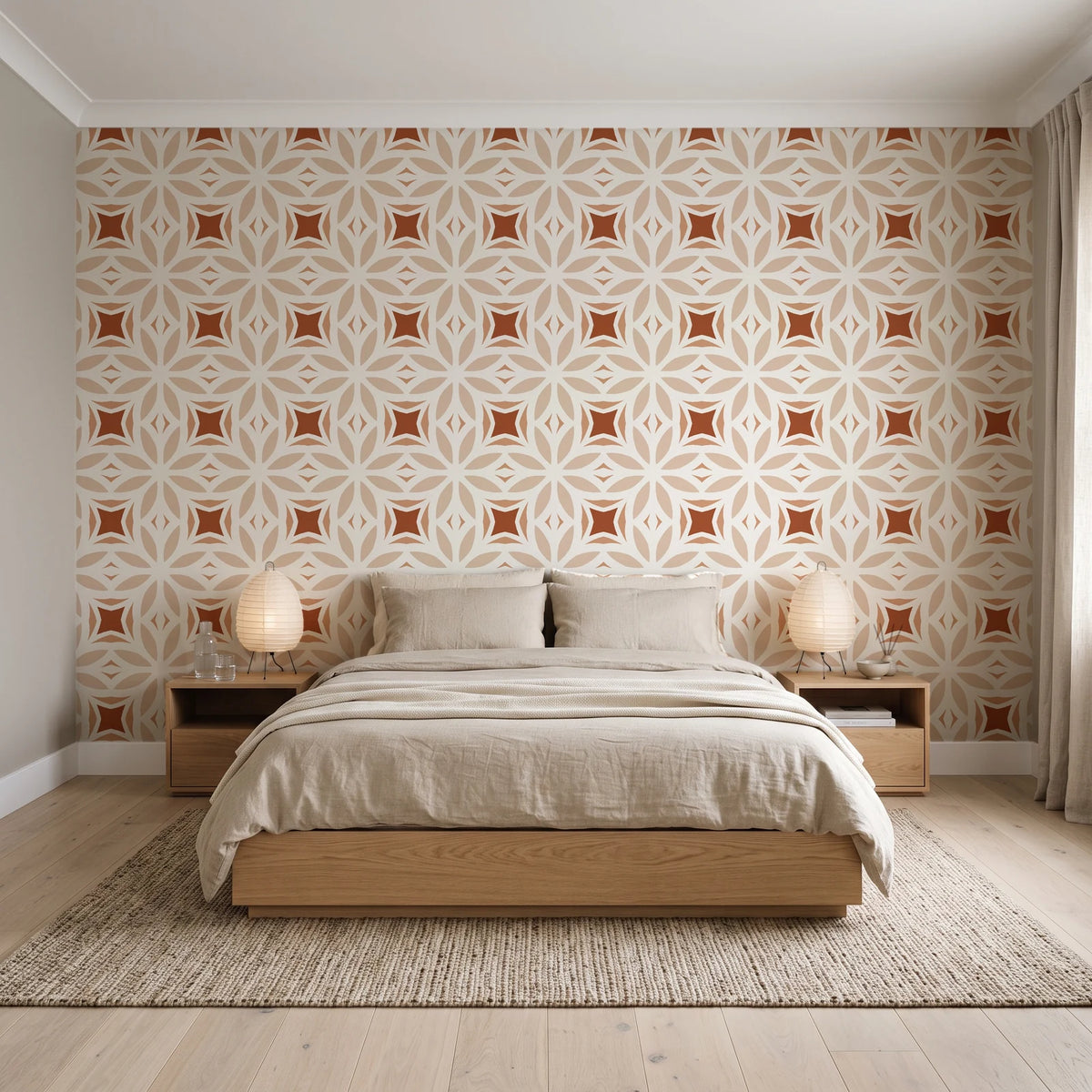 Frost Mosaic Terracotta geometric tile wallpaper behind a low platform bed in a serene Japandi bedroom