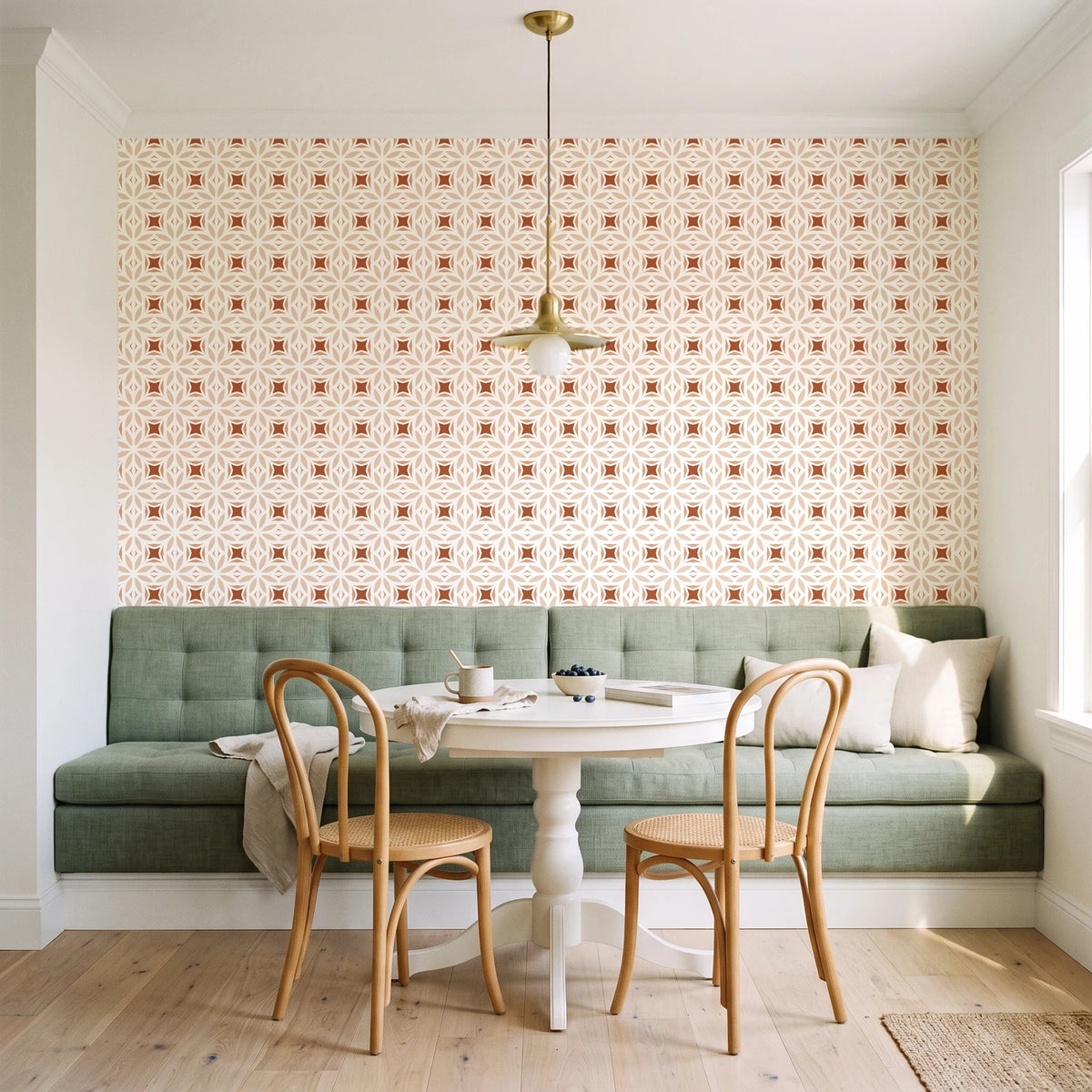 Frost Mosaic Terracotta geometric tile wallpaper as a feature wall in a sunlit breakfast nook