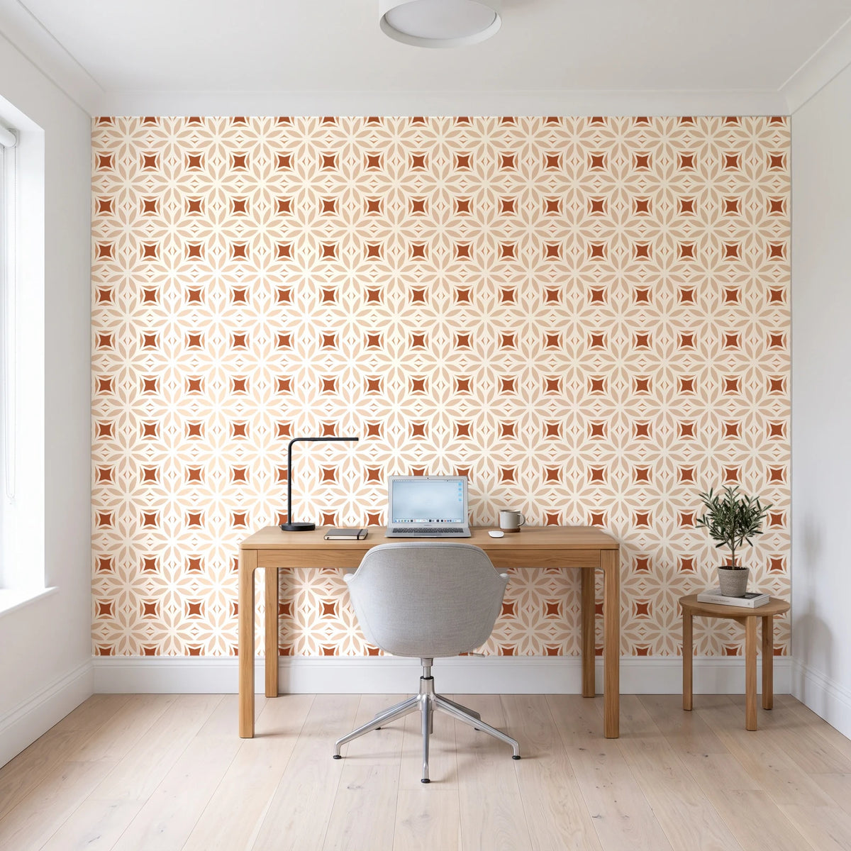 Frost Mosaic Terracotta geometric tile wallpaper behind a modern oak desk in a bright home office