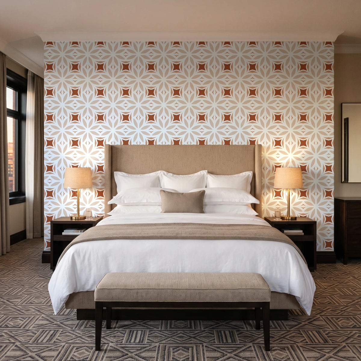 Frost Mosaic Terracotta geometric tile wallpaper behind the headboard of a king bed in a contemporary hotel guest room