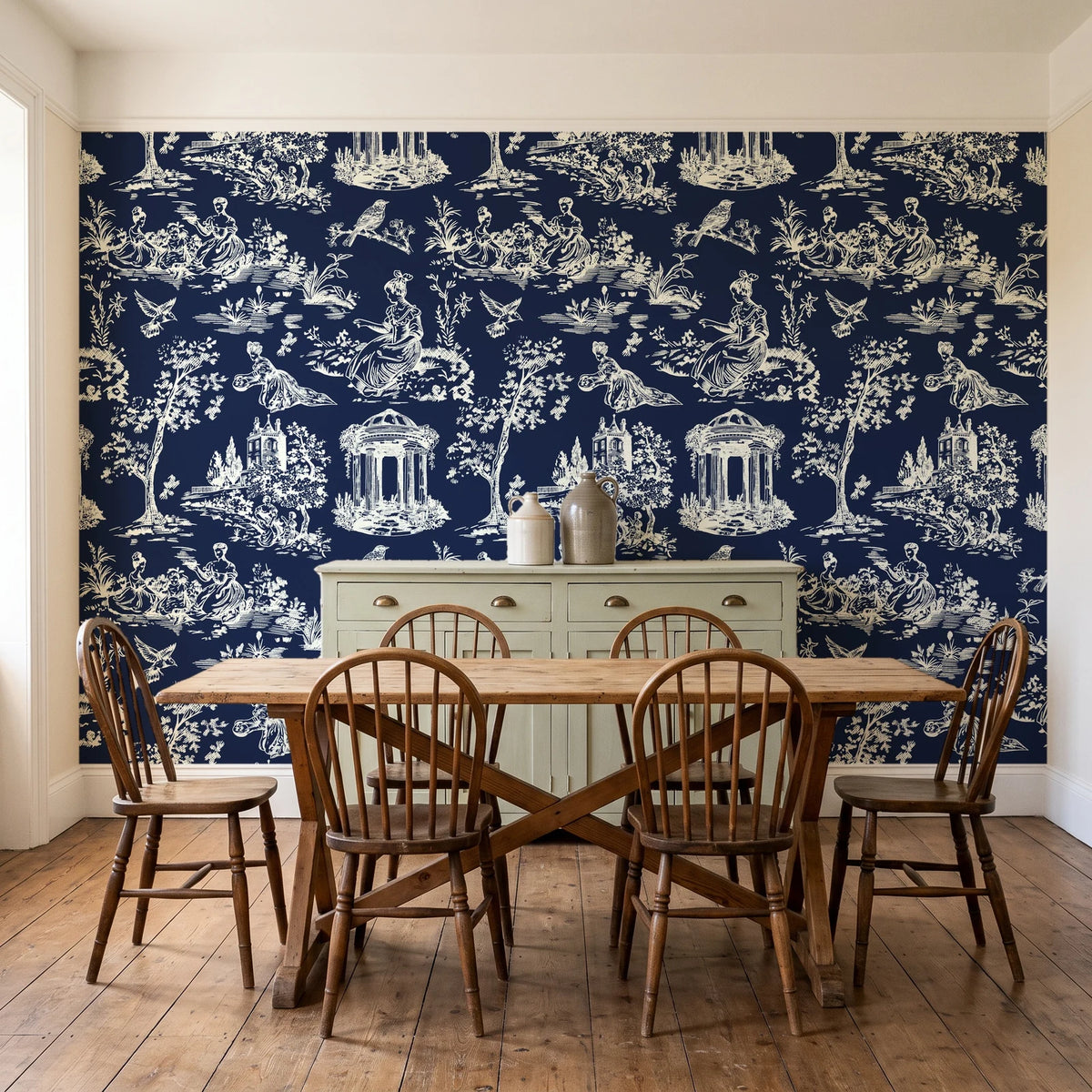 Garden Folly Midnight pastoral toile wallpaper in a farmhouse dining room with a sage sideboard and rustic trestle table
