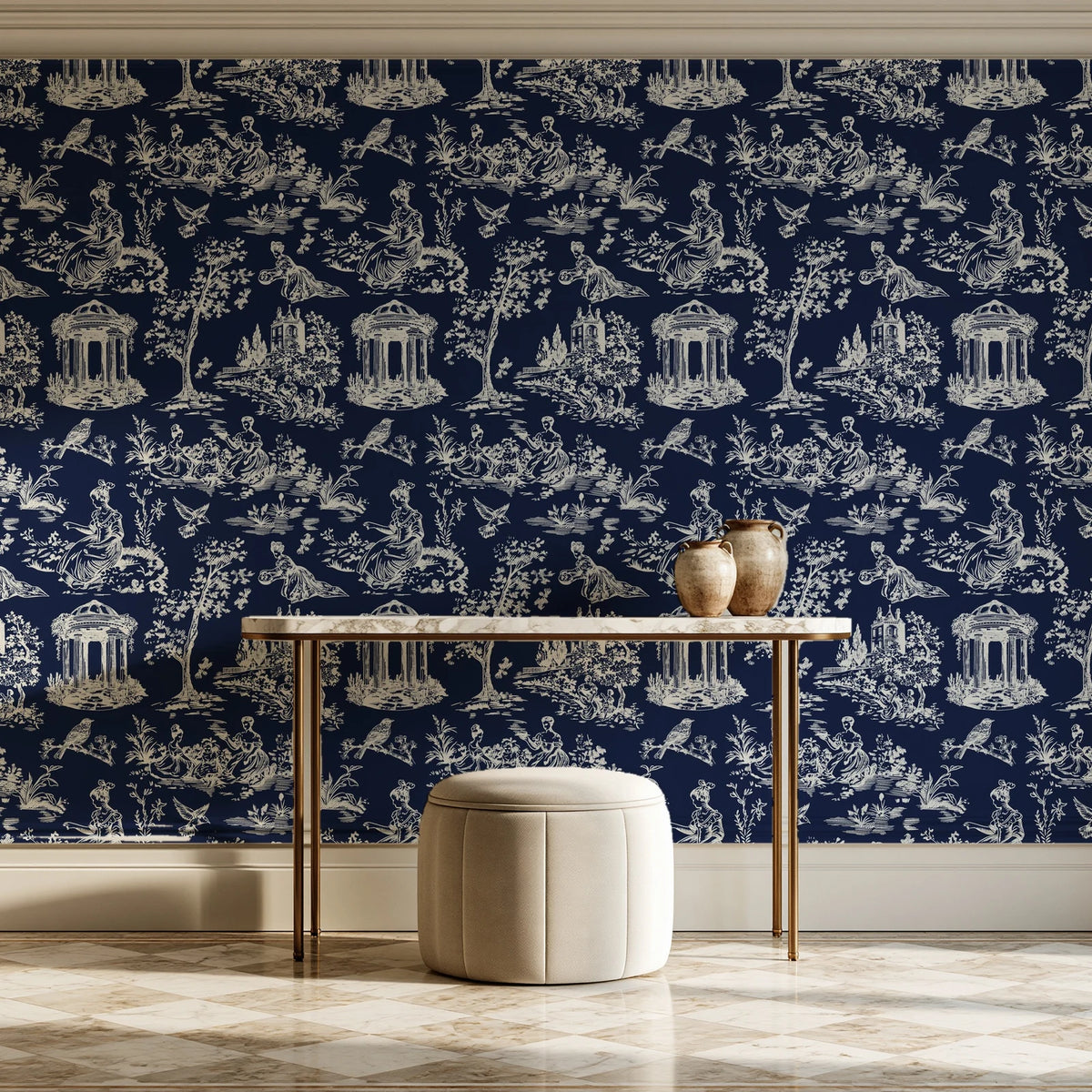 Garden Folly Midnight pastoral toile wallpaper on the wall of a grand entry foyer
