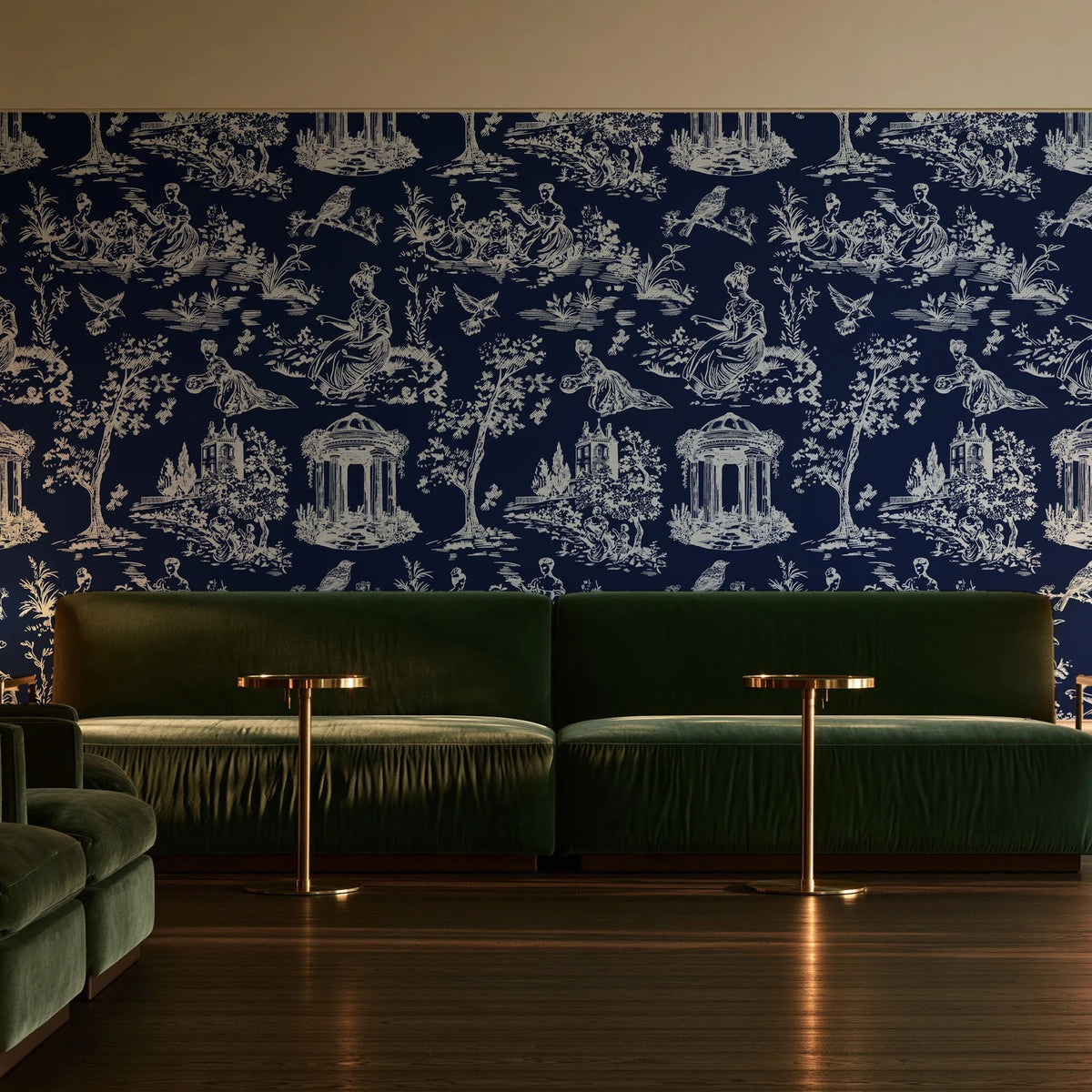 Garden Folly Midnight pastoral toile wallpaper in an intimate luxury cocktail lounge