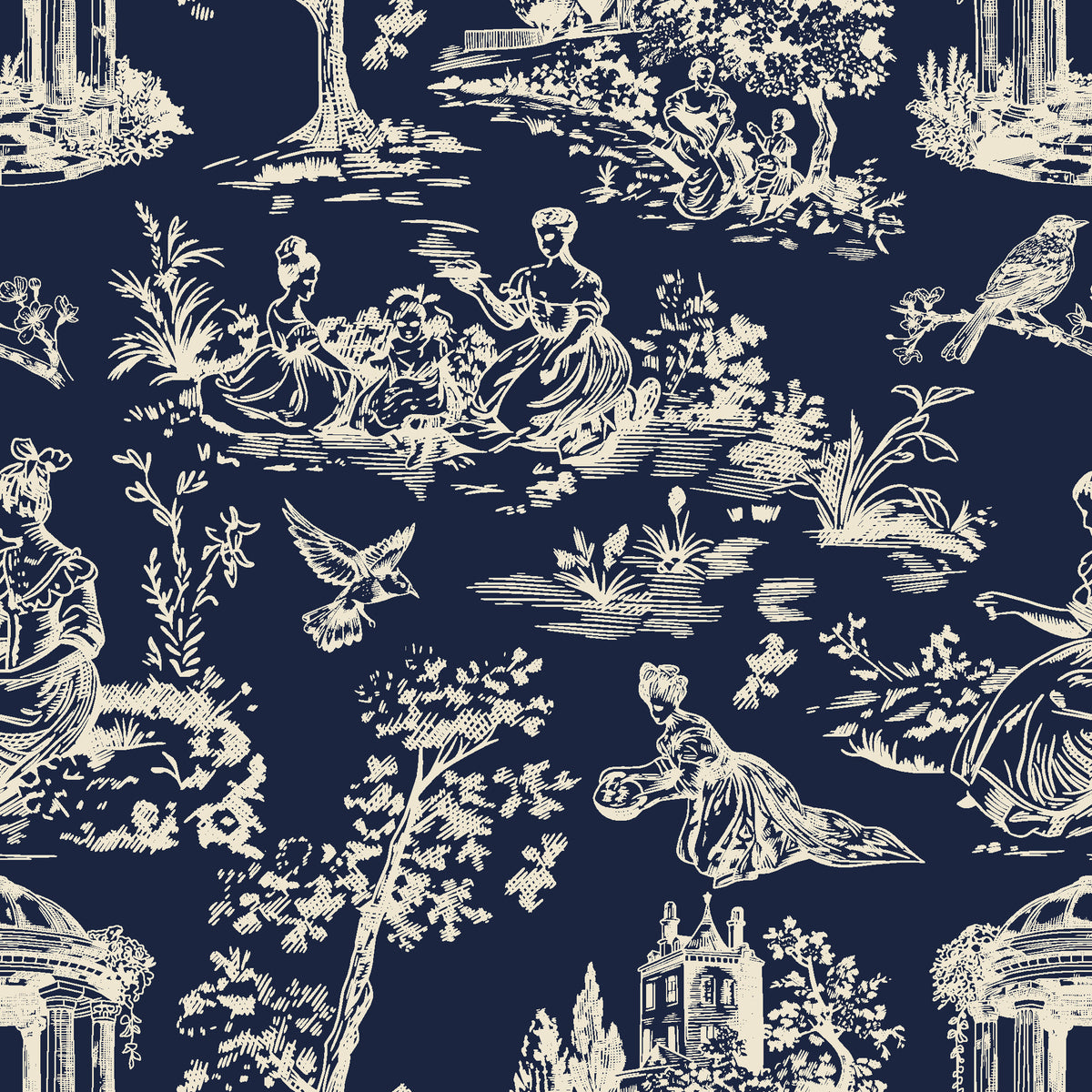 Garden Folly Midnight pastoral toile wallpaper in midnight and cream