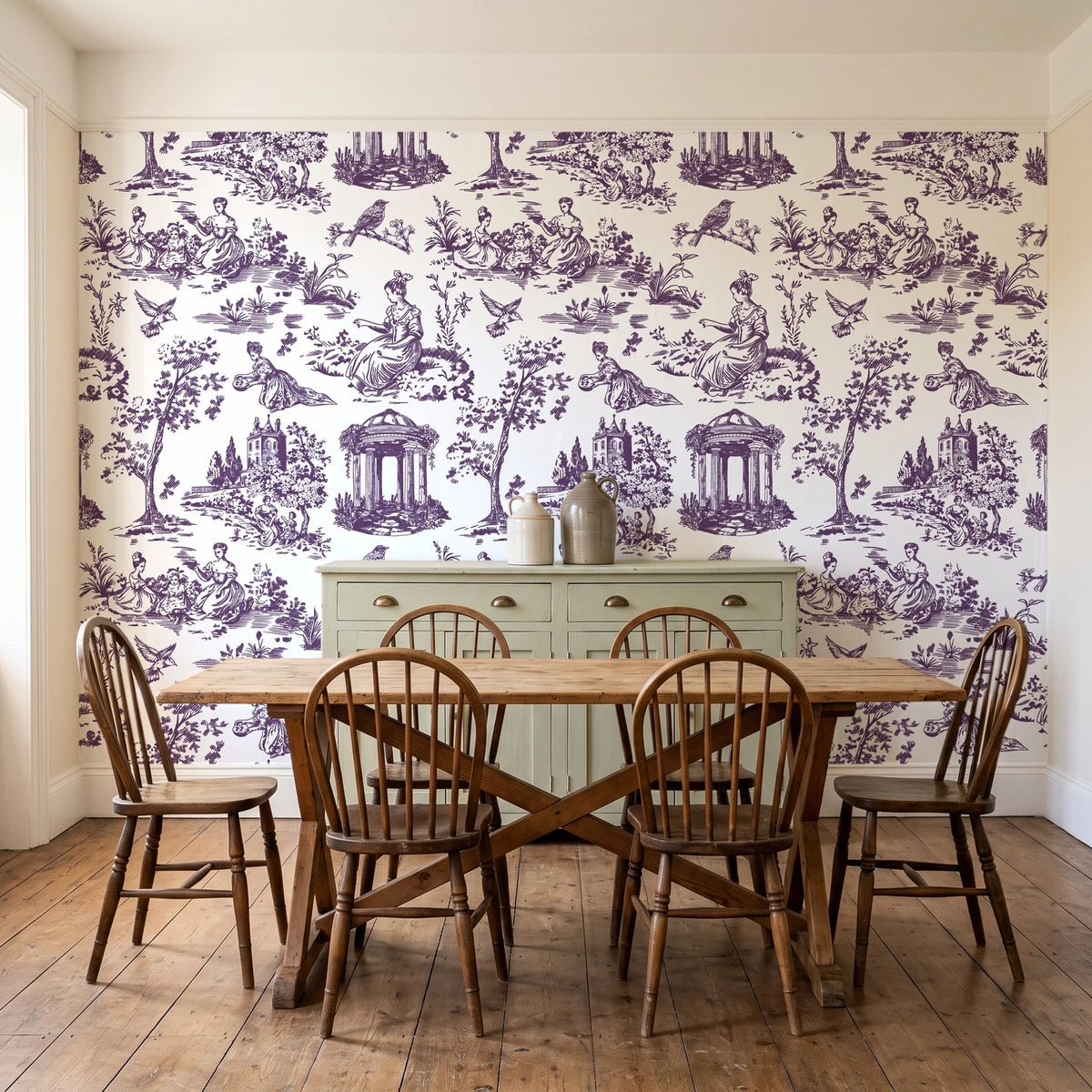 Garden Folly Plum pastoral toile wallpaper in a farmhouse dining room with a sage sideboard and rustic trestle table