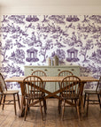 Garden Folly Plum pastoral toile wallpaper in a farmhouse dining room with a sage sideboard and rustic trestle table