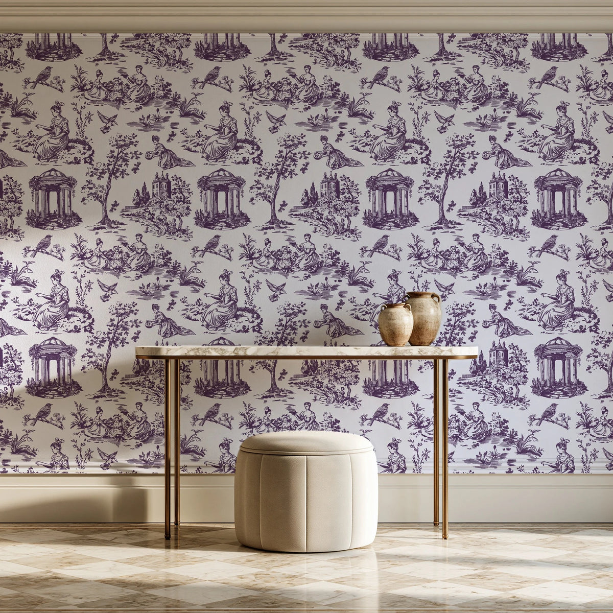 Garden Folly Plum pastoral toile wallpaper on the wall of a grand entry foyer