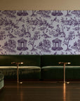 Garden Folly Plum pastoral toile wallpaper in an intimate luxury cocktail lounge