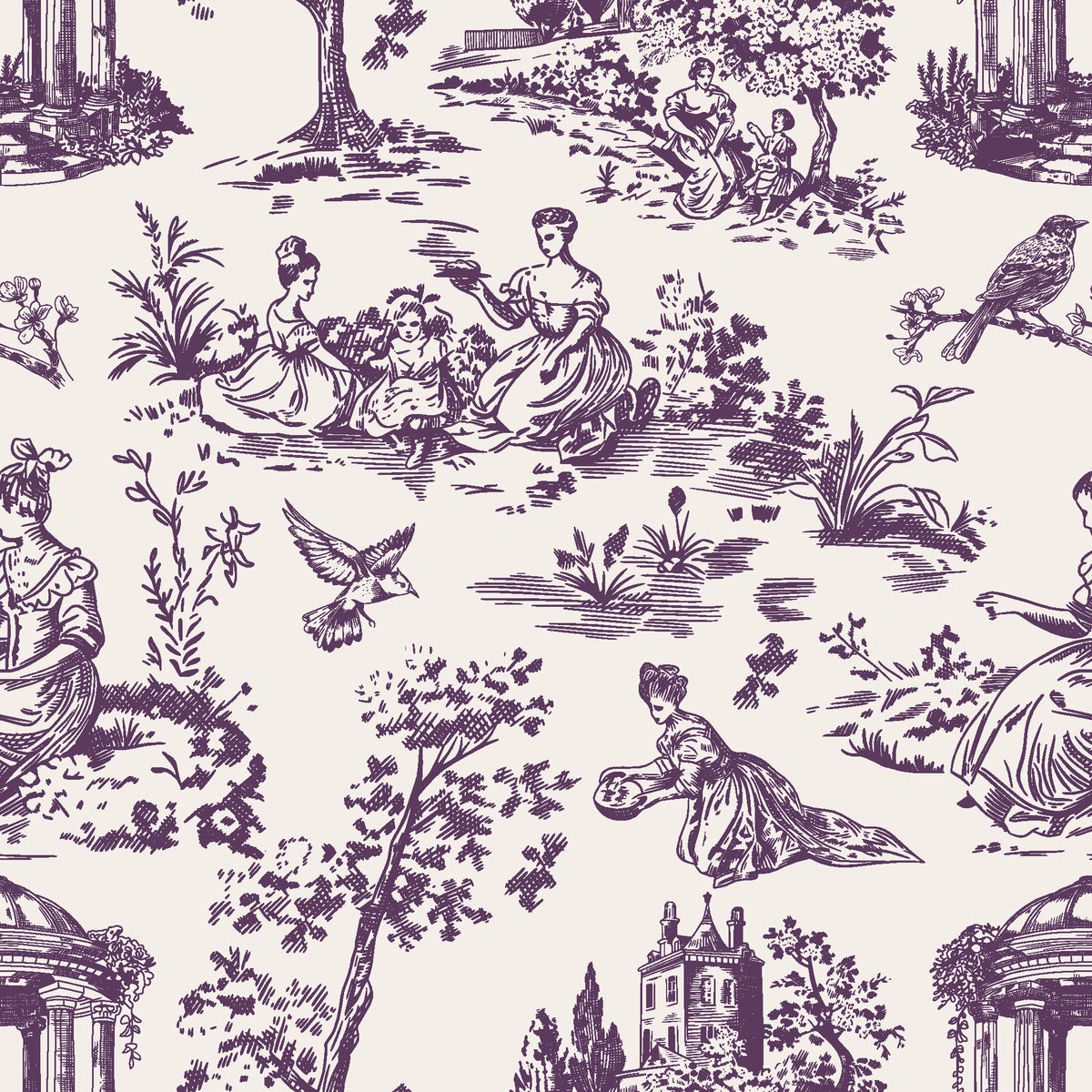 Garden Folly Plum pastoral toile wallpaper in plum and ivory