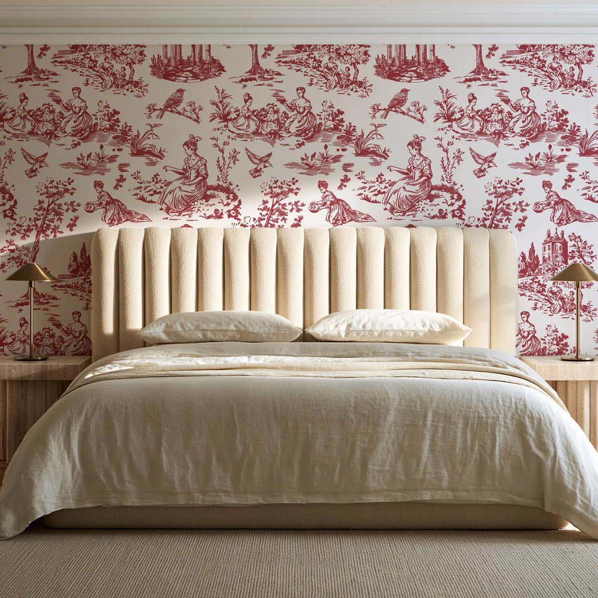 Garden Folly Rouge pastoral toile wallpaper behind a channel-tufted bed in a calm primary bedroom