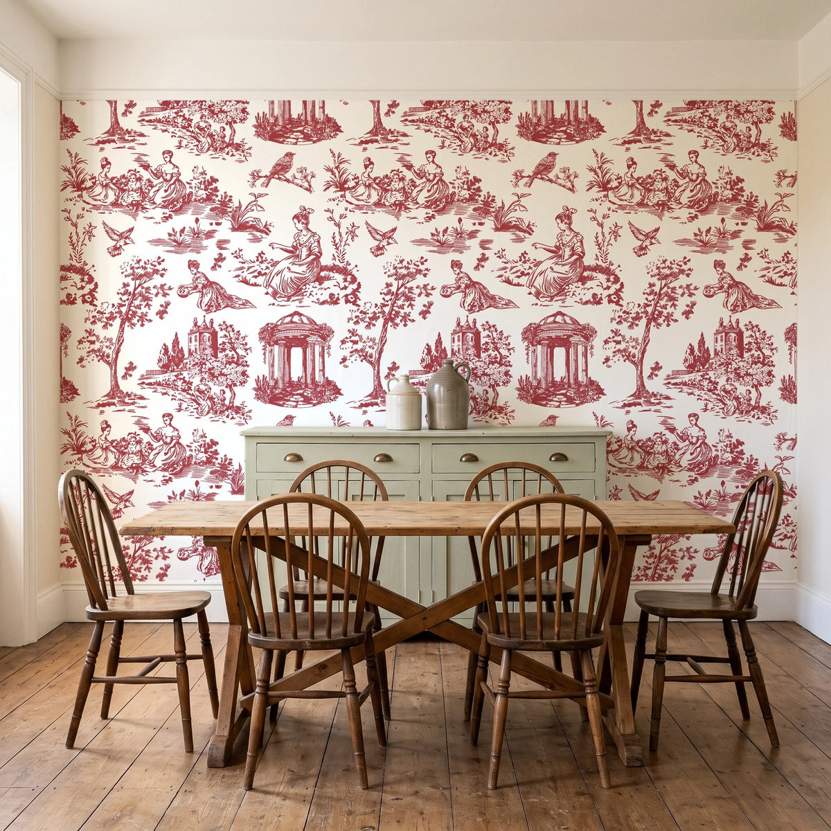 Garden Folly Rouge pastoral toile wallpaper in a farmhouse dining room with a sage sideboard and rustic trestle table