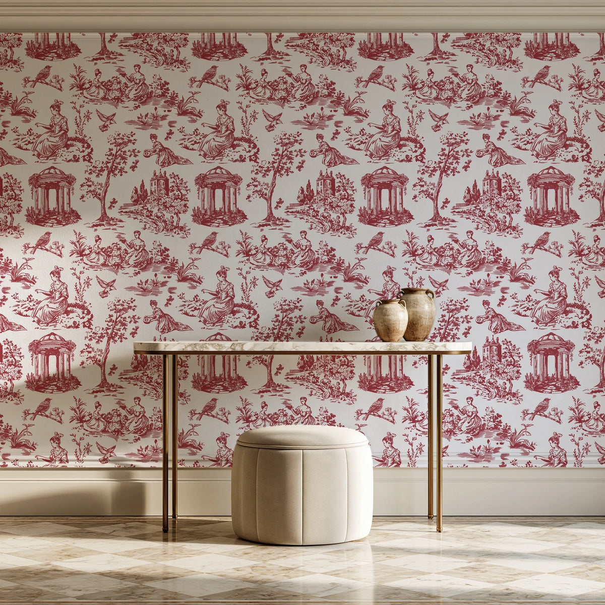 Garden Folly Rouge pastoral toile wallpaper on the wall of a grand entry foyer