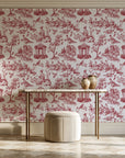 Garden Folly Rouge pastoral toile wallpaper on the wall of a grand entry foyer