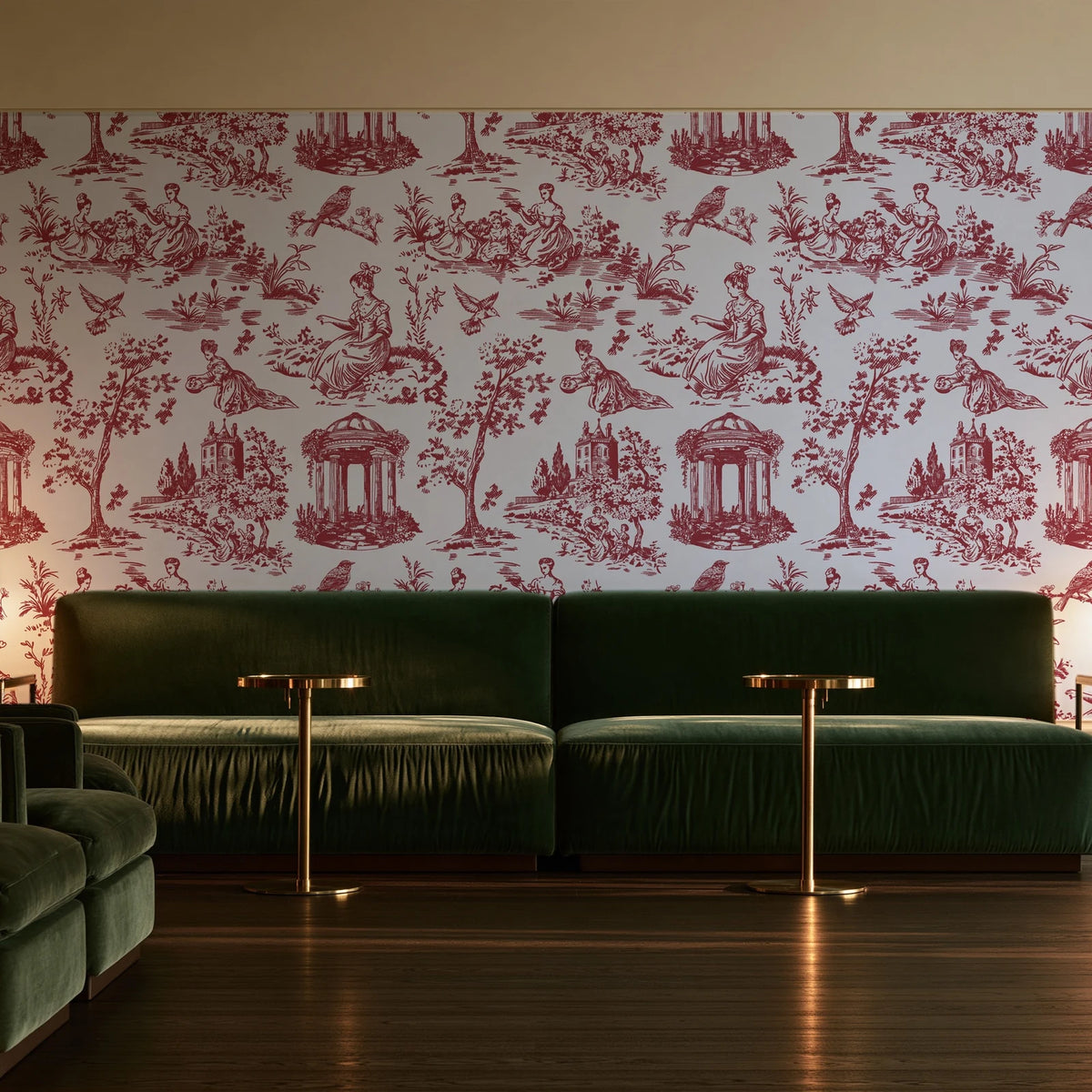 Garden Folly Rouge pastoral toile wallpaper in an intimate luxury cocktail lounge