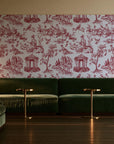 Garden Folly Rouge pastoral toile wallpaper in an intimate luxury cocktail lounge