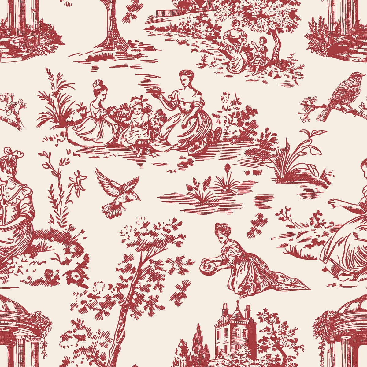 Garden Folly Rouge pastoral toile wallpaper in rouge and cream