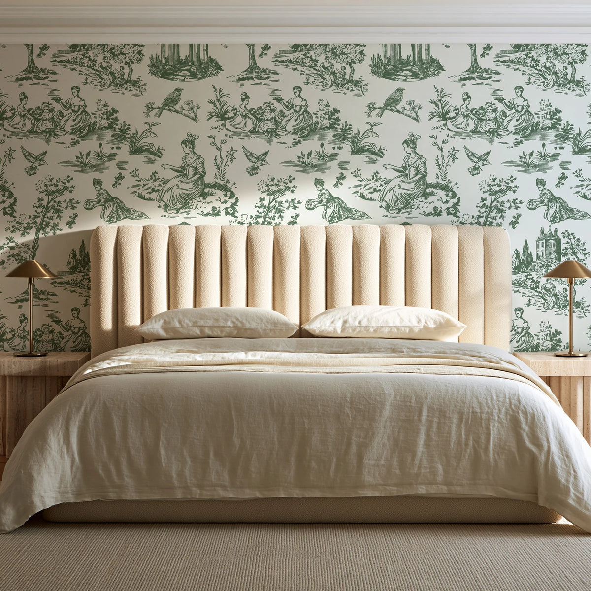 Garden Folly Sage pastoral toile wallpaper behind a channel-tufted bed in a calm primary bedroom