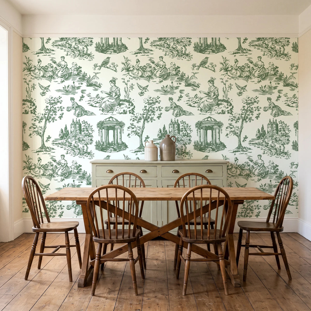 Garden Folly Sage pastoral toile wallpaper in a farmhouse dining room with a sage sideboard and rustic trestle table