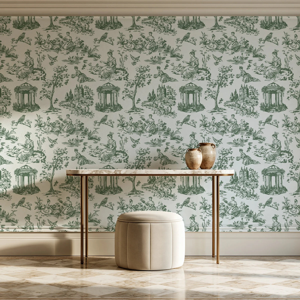 Garden Folly Sage pastoral toile wallpaper on the wall of a grand entry foyer