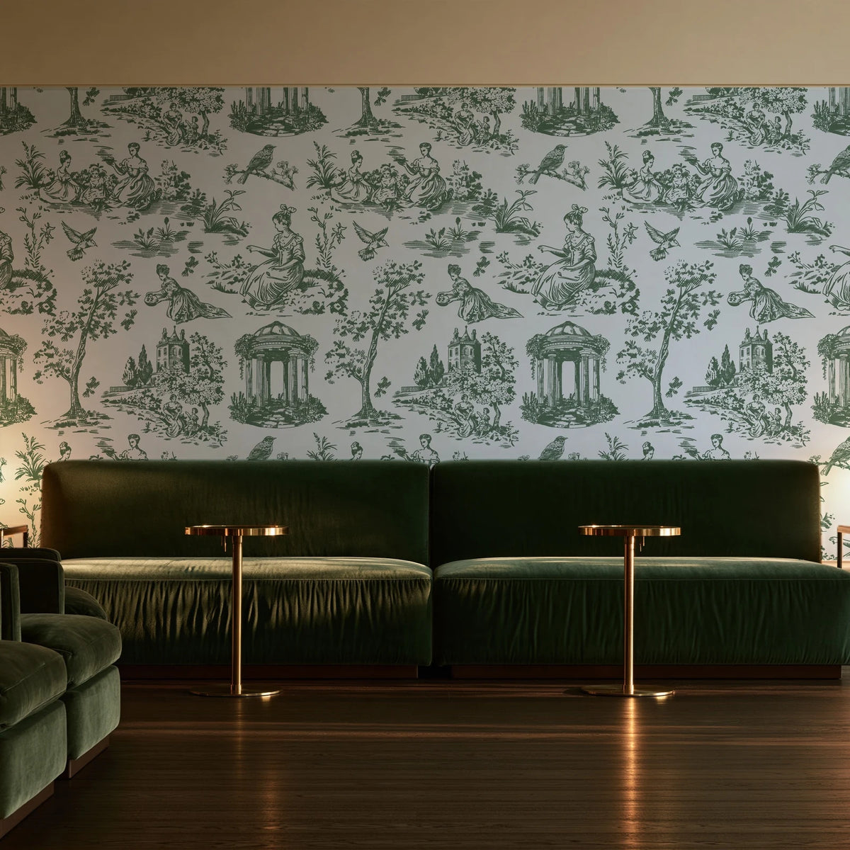 Garden Folly Sage pastoral toile wallpaper in an intimate luxury cocktail lounge