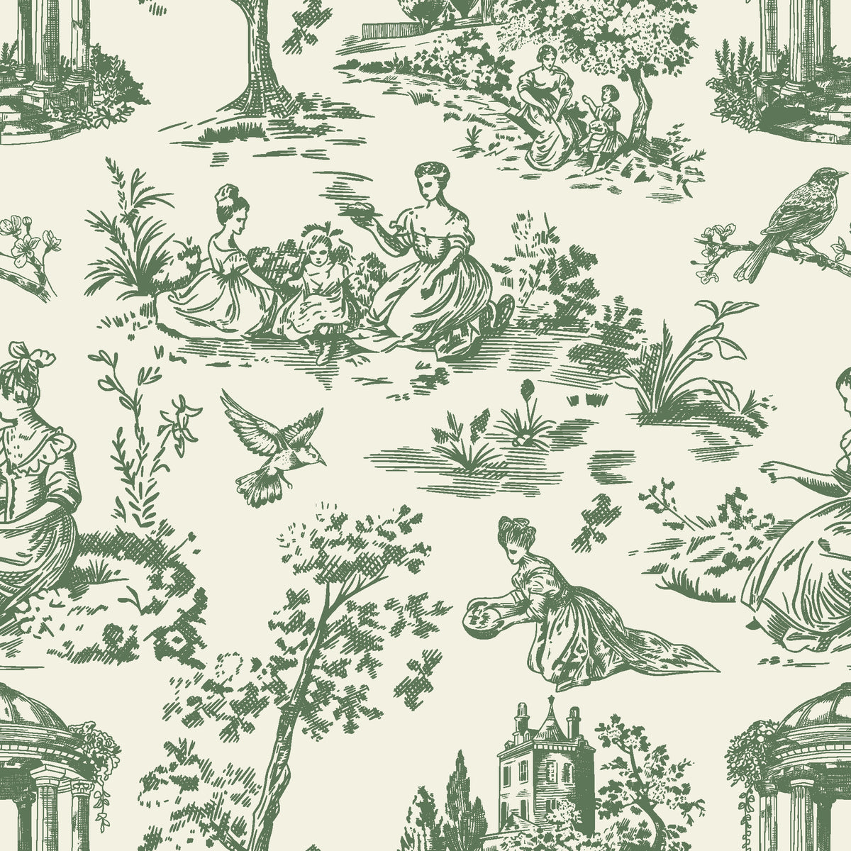 Garden Folly Sage pastoral toile wallpaper in sage and cream