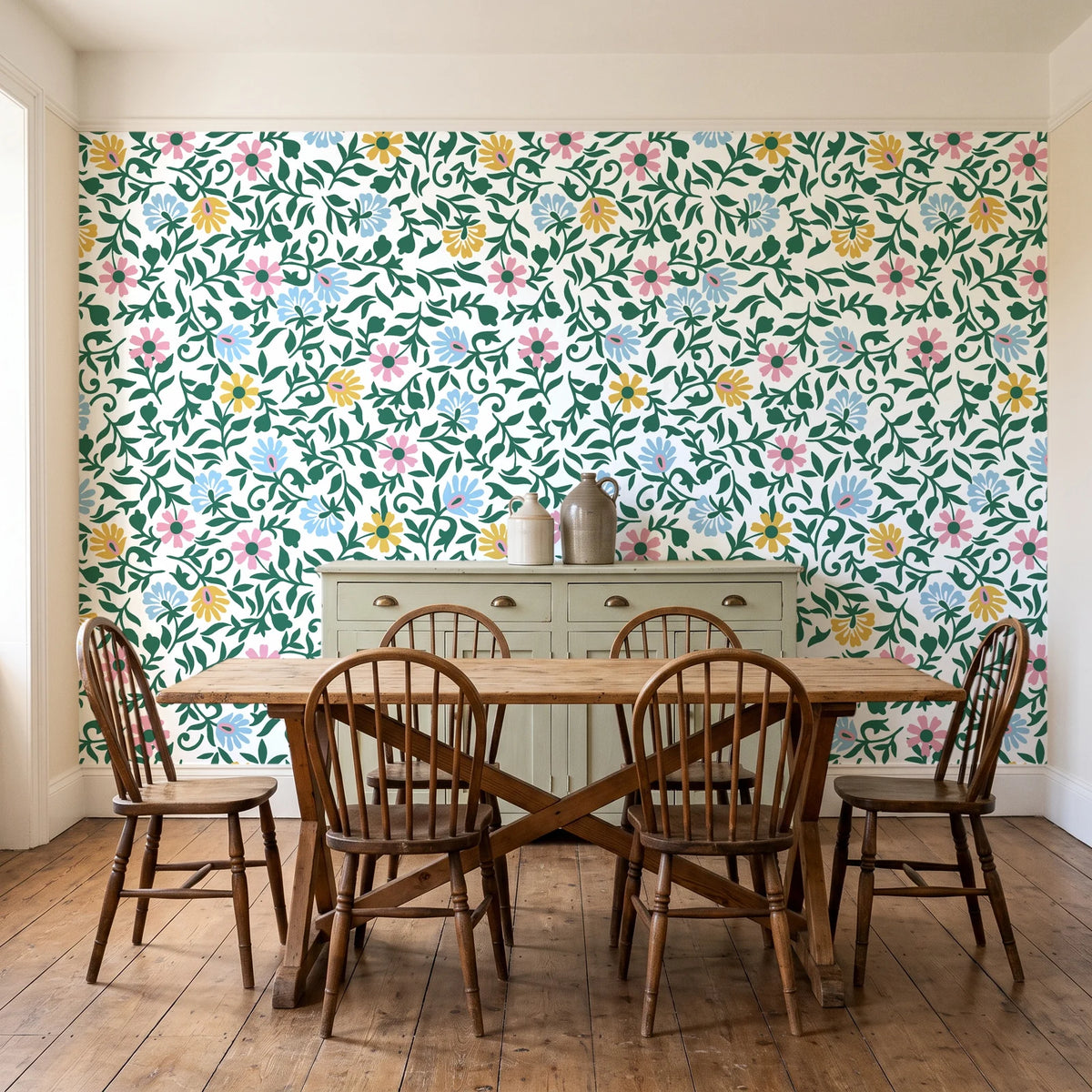 Garden Reverie Emerald floral wallpaper in a farmhouse dining room with a sage sideboard and rustic trestle table