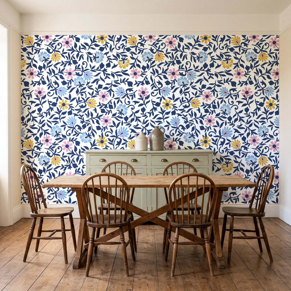 Garden Reverie Midnight floral wallpaper in a farmhouse dining room with a sage sideboard and rustic trestle table