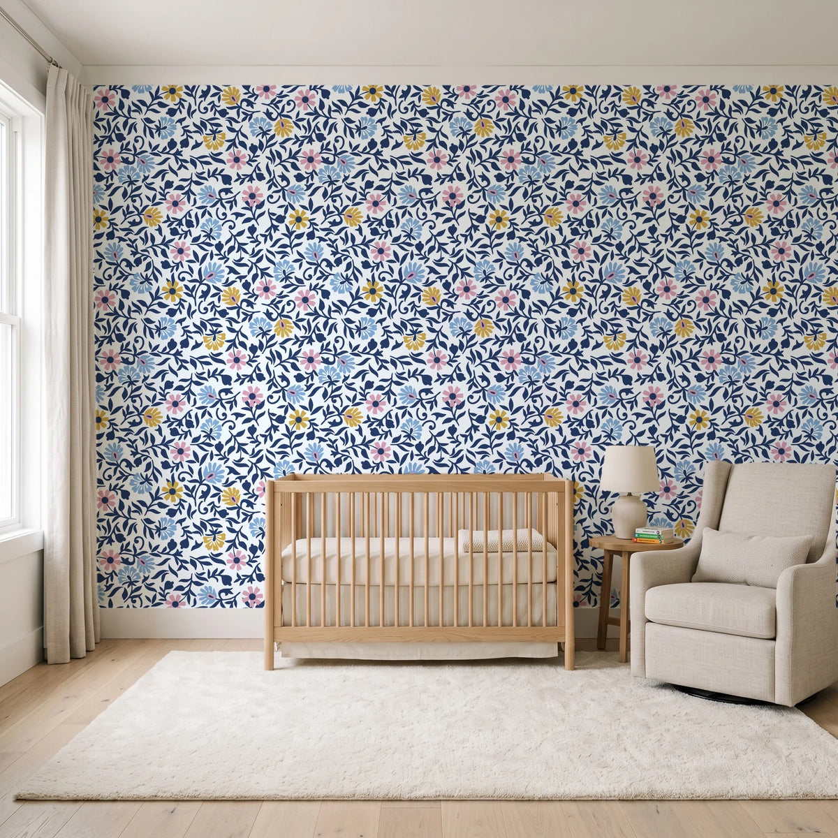 Garden Reverie Midnight floral wallpaper in a calm, light-filled nursery