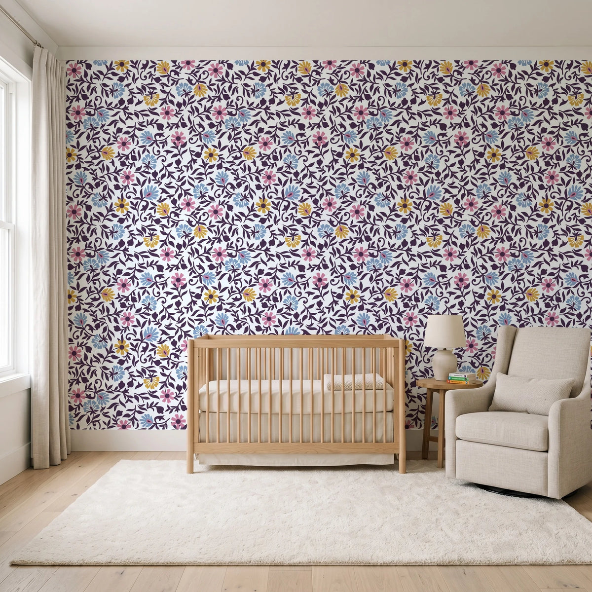 Garden Reverie Plum floral wallpaper in a calm, light-filled nursery