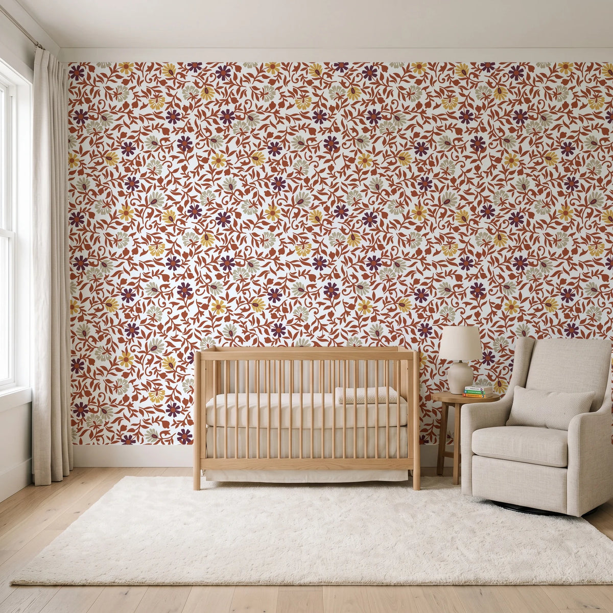 Garden Reverie Terracotta floral wallpaper in a calm, light-filled nursery