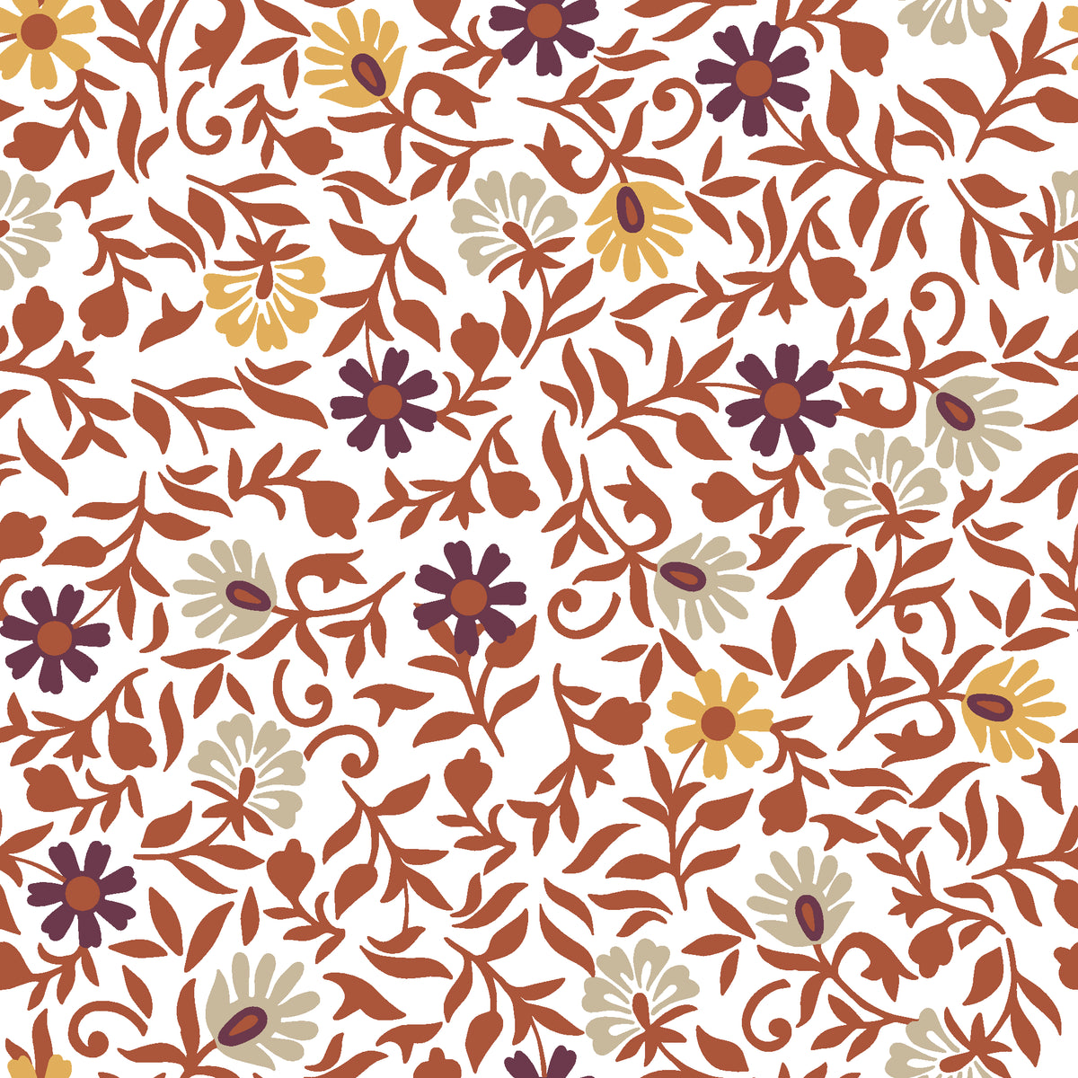 Garden Reverie Terracotta floral wallpaper in terracotta and plum