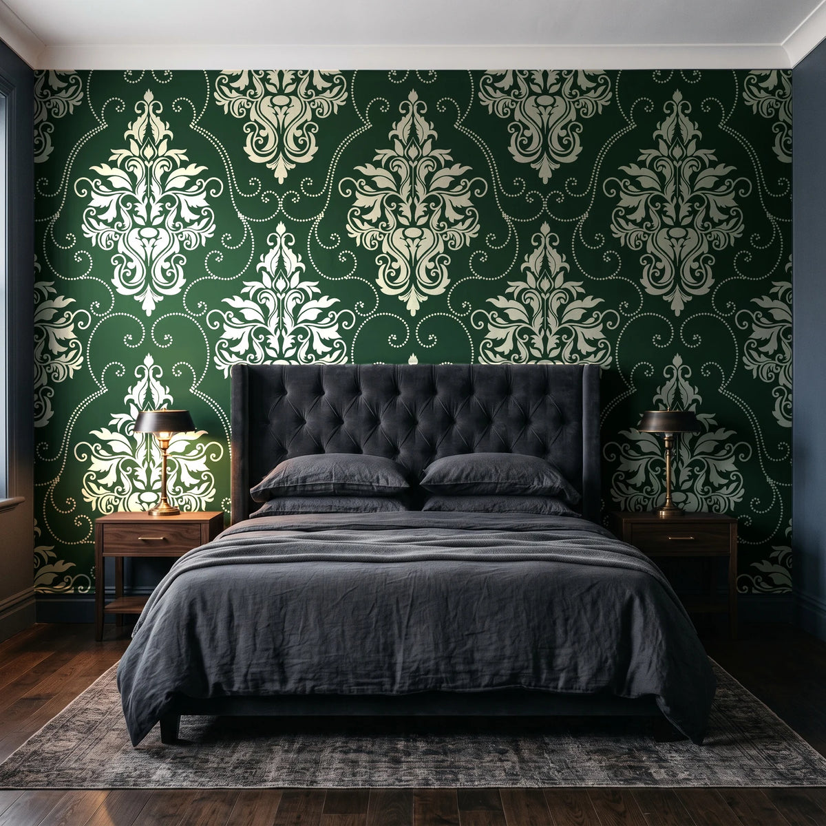 Gentlebotan Forest botanical damask wallpaper behind a tufted headboard in a dark, moody bedroom