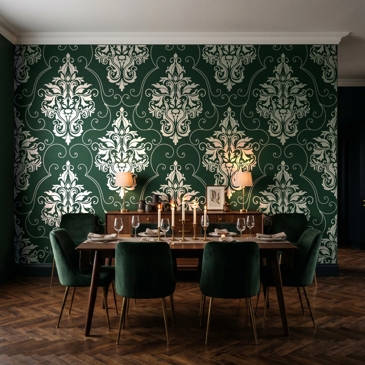 Gentlebotan Forest botanical damask wallpaper in a dark moody dining room with a candlelit table