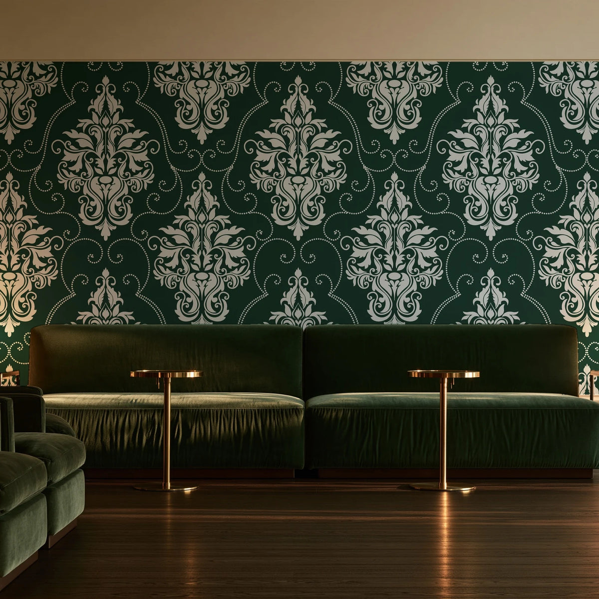 Gentlebotan Forest botanical damask wallpaper in an intimate luxury cocktail lounge