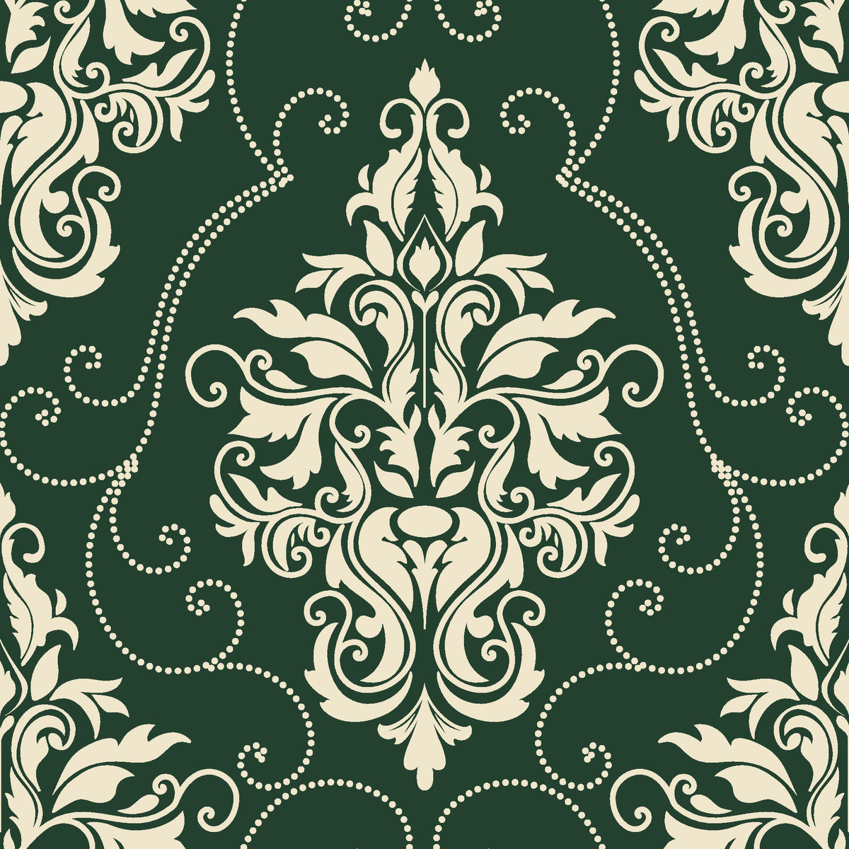 Gentlebotan Forest botanical damask wallpaper in forest green and champagne