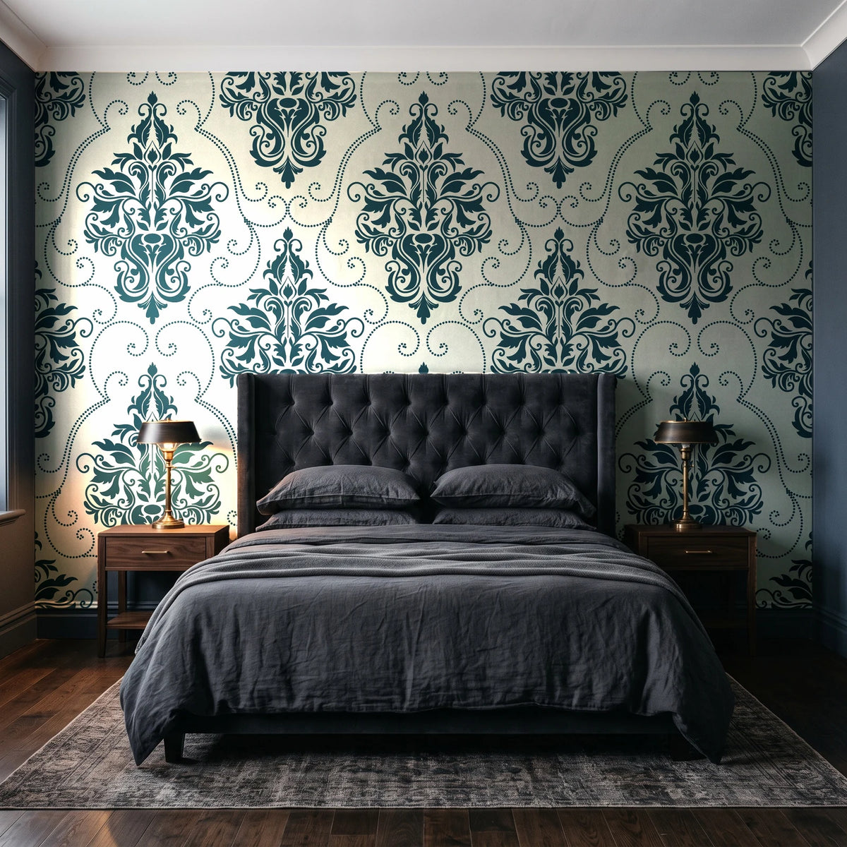 Gentlebotan Ivory botanical damask wallpaper behind a tufted headboard in a dark, moody bedroom