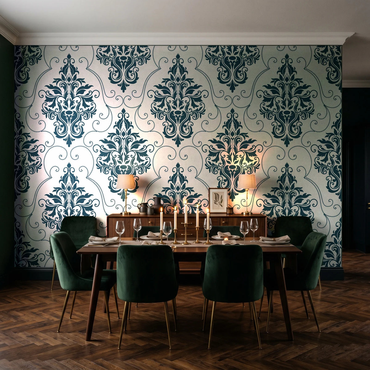 Gentlebotan Ivory botanical damask wallpaper in a dark moody dining room with a candlelit table
