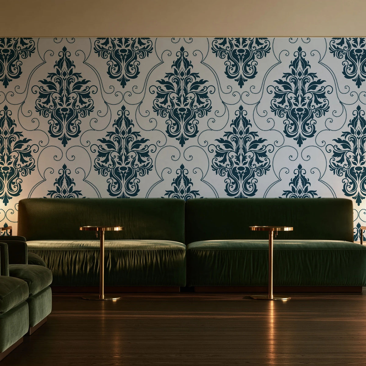 Gentlebotan Ivory botanical damask wallpaper in an intimate luxury cocktail lounge