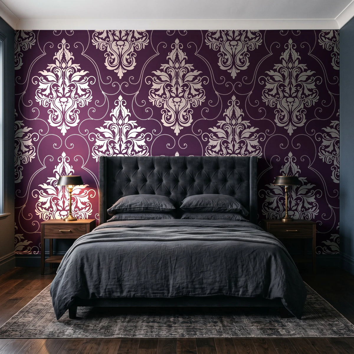 Gentlebotan Plum botanical damask wallpaper behind a tufted headboard in a dark, moody bedroom