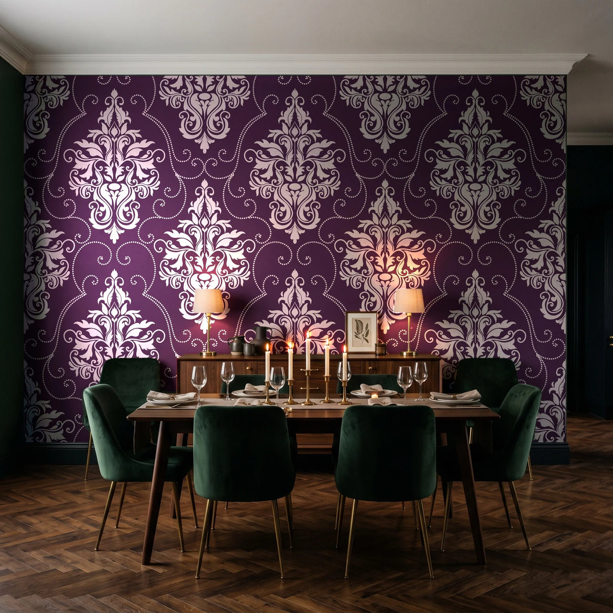 Gentlebotan Plum botanical damask wallpaper in a dark moody dining room with a candlelit table