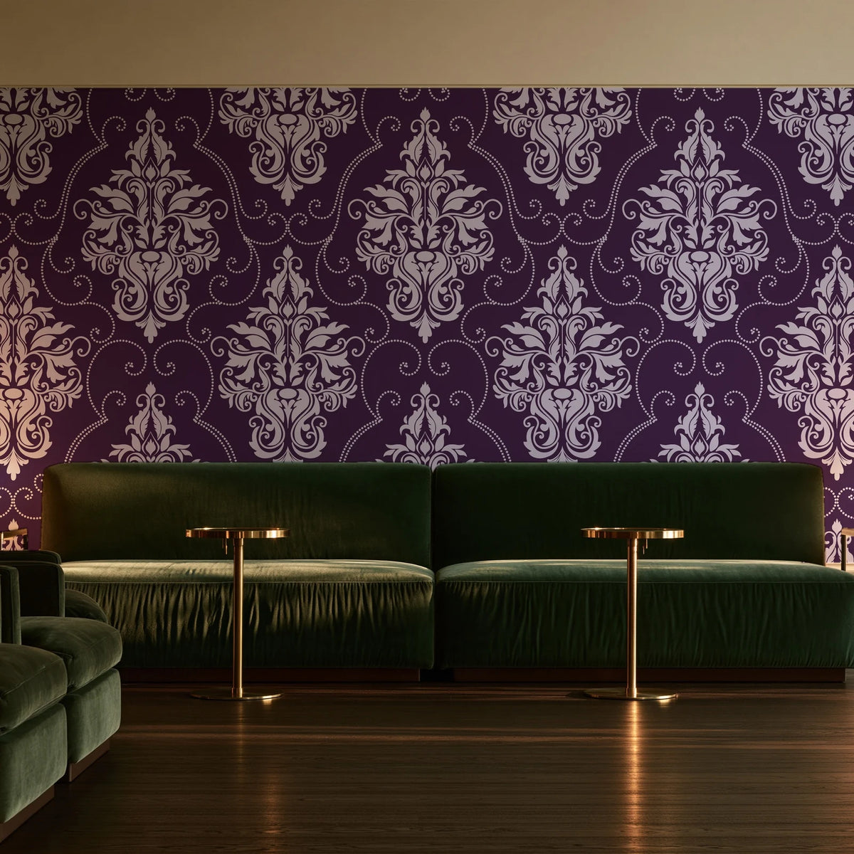 Gentlebotan Plum botanical damask wallpaper in an intimate luxury cocktail lounge