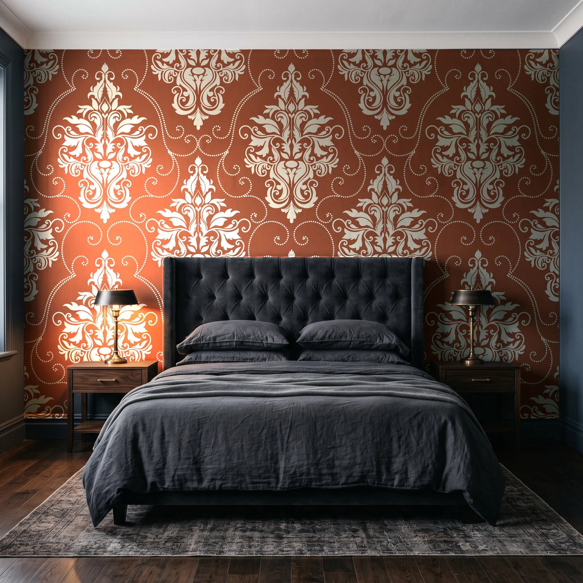 Gentlebotan Terracotta botanical damask wallpaper behind a tufted headboard in a dark, moody bedroom