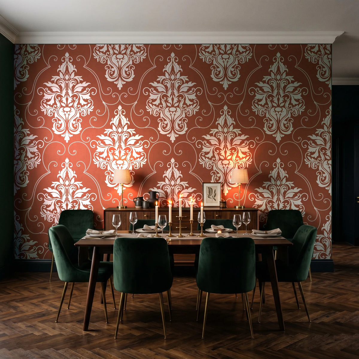 Gentlebotan Terracotta botanical damask wallpaper in a dark moody dining room with a candlelit table