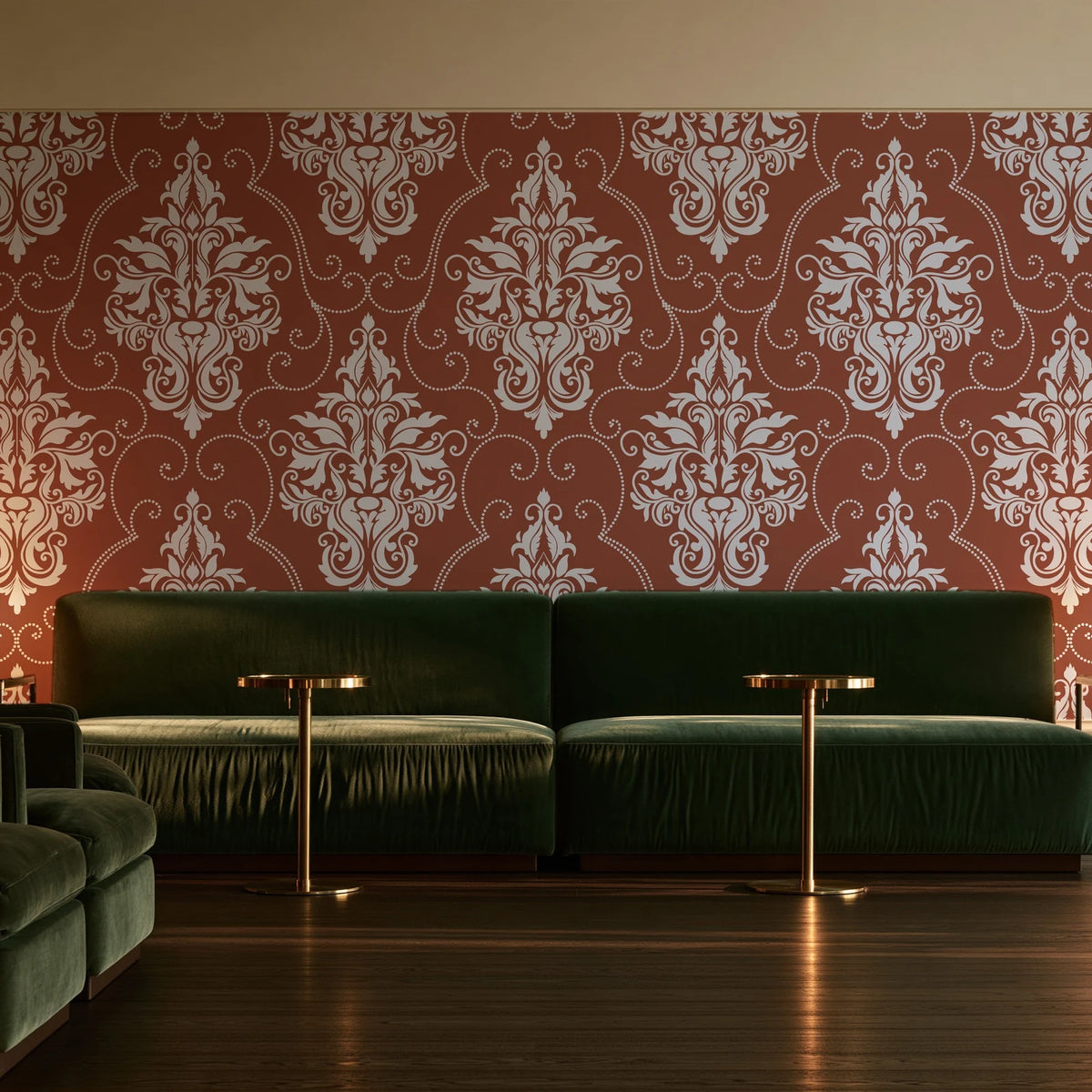 Gentlebotan Terracotta botanical damask wallpaper in an intimate luxury cocktail lounge