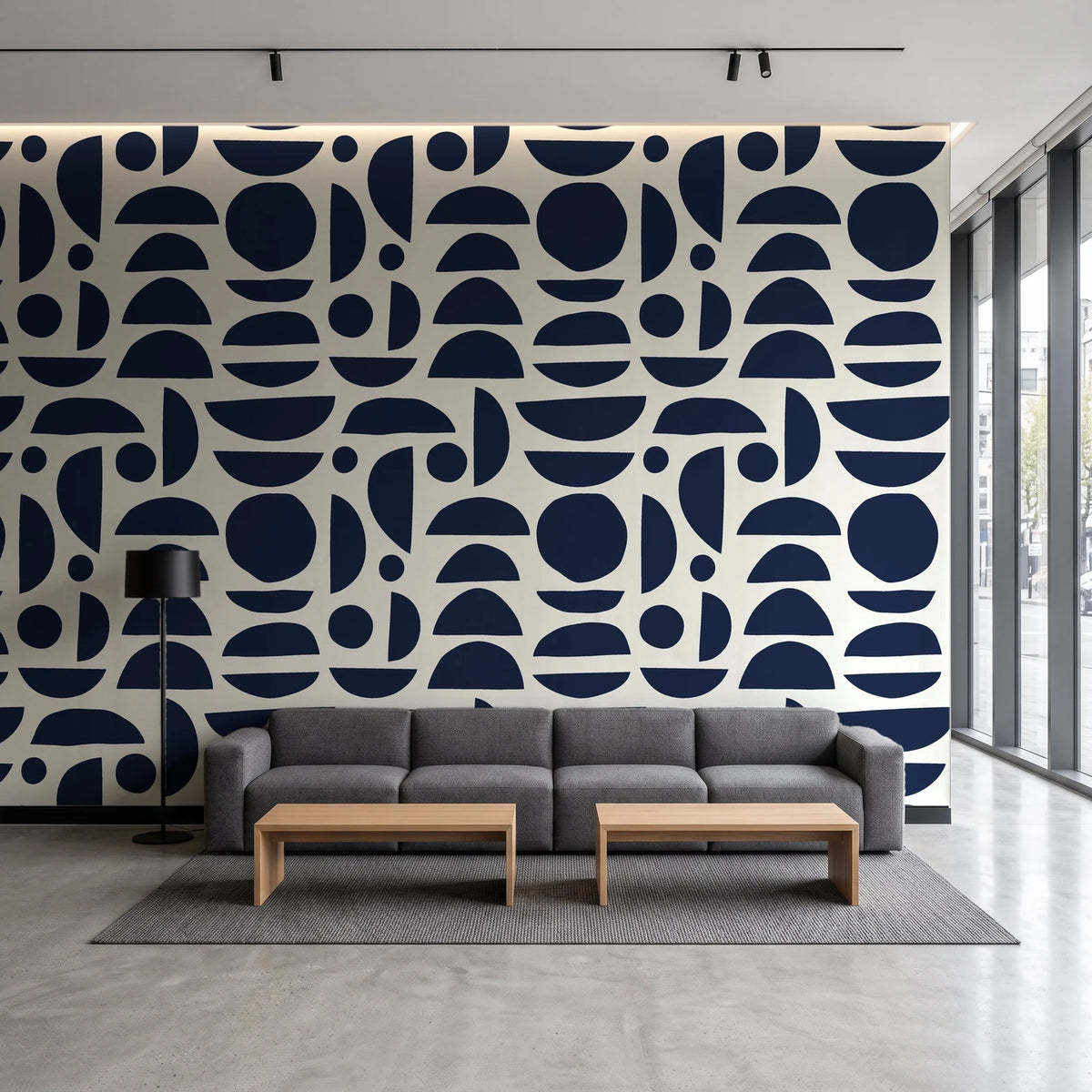 Geo Eclipse Midnight organic shapes wallpaper in a contemporary commercial office lobby